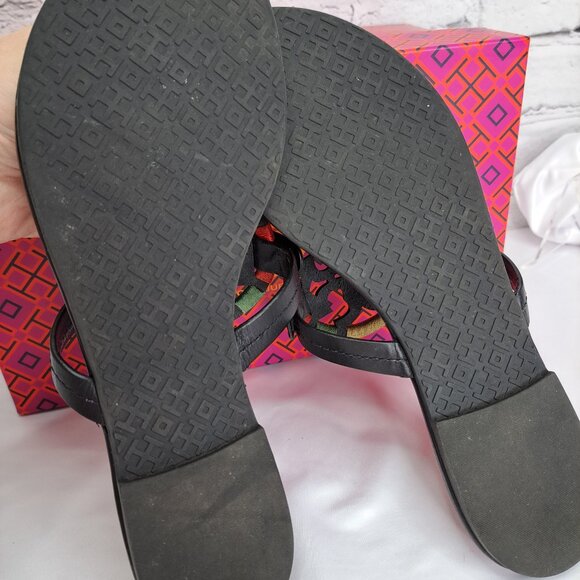 TORY BURCH 'MILLER' LEATHER THONG SANDALS EMBROIDERED W/'TB' BOX - Picture 15 of 16